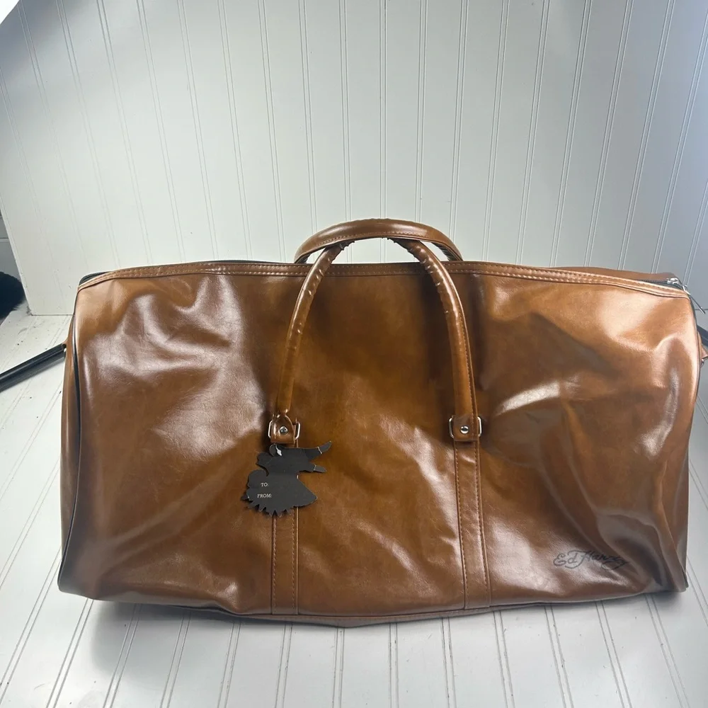 Ed Hardy Brown Leather Duffle Bag NWT Large Travel Weekender Carry On Unisex